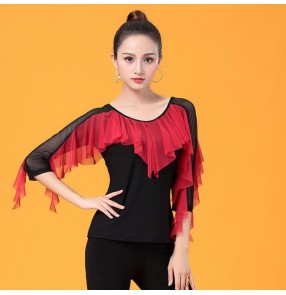 Black red ballroom dancing tops for women female latin competition stage performance salsa chacha rumba blouses