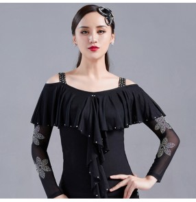 Black red ballroom latin dance tops with diamond for women female competition latin waltz tango flamenco dance blouse shirts for lady