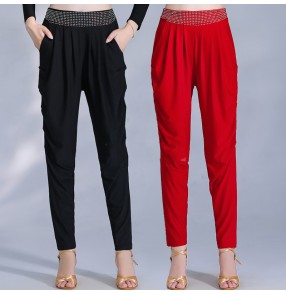 Black red diamond latin ballroom dance harem pants Austrian bling Latin dance trousers three steps step jitba salsa rumba chacha dance long pants