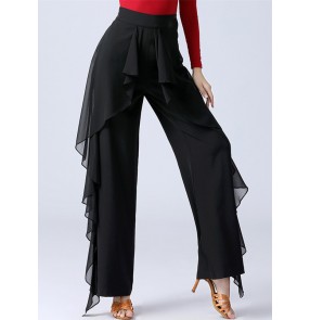 Black red fringe flowy high waist latin dance pants for women girls wide leg tassels ballroom salsa jive cha cha latin dance long trousers