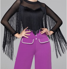 Black red fringe latin ballroom dancing tops for female girls waltz tango flamenco rumba chacha dance shirts for lady