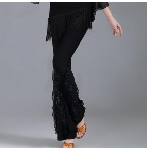 Black red fringes ballroom latin dance long pants for women female 