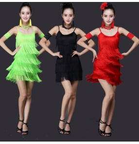 black red Fringes tassles competition latin dance dresses salsa chacha samba dance dress costumes