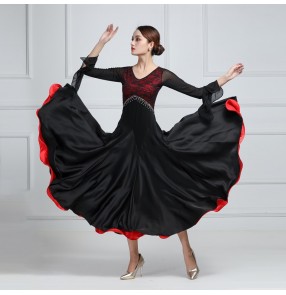 Black red fuchsia yellow white lace rhinestones competition ballroom dance dress for women waltz tango foxtort smooth dance long dress modern dance swing skirts