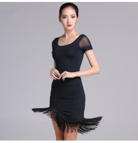 Black red  grey plaid patchwork asymmetrical fringes hem skirts short sleeves tops women's salsa rumba latin dance dresses