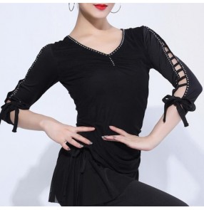 Black red hollow sleeves Latin ballroom dance tops female adult training ballroom salsa practice clothes long-sleeved square dance performance shirts for female