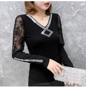 Black red lace Ballroom dancing Latin dance tops for women V-neck long-sleeved women's tops Square dance clothes