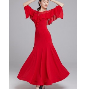 Black red lace flare sleeves ballroom dancing dresses for women girls modern waltz tango foxtrot smooth dancing long swing skirts for woman