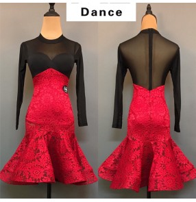 Black red lace latin dance dresses for women female long sleeves modern dance latin rumba chacha dance skirts ballroom dance wear for lady
