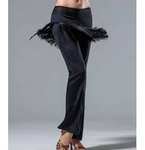 Black red latin Ballroom dance fringed skirt pants micro flared layers of tassels rumba salsa cha cha dance trousers practice wide leg dance pants for women girls