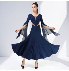 Black red navy feather ballroom dancing dresses for women girls side slit flowy waltz tango foxtrot smooth dance long skirt for woman