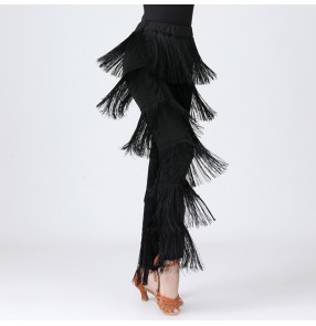 Black red royal blue layers tassels latin dance pants for women girls salsa rumba cha cha ballroom dancing long trousers