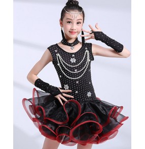 Black red royal blue white Latin dance dresses for girls kids ballroom latin competition outfits children's latin ballroom salsa dance clothing