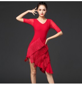 Black red tassels latin dance dress for women salsa rumba chacha dance dress for female