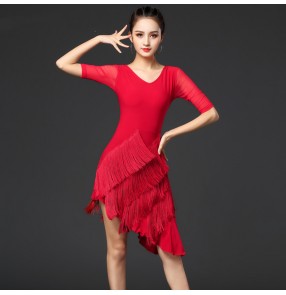 Black red tassels latin dance dress for women salsa rumba chacha dance dress for female