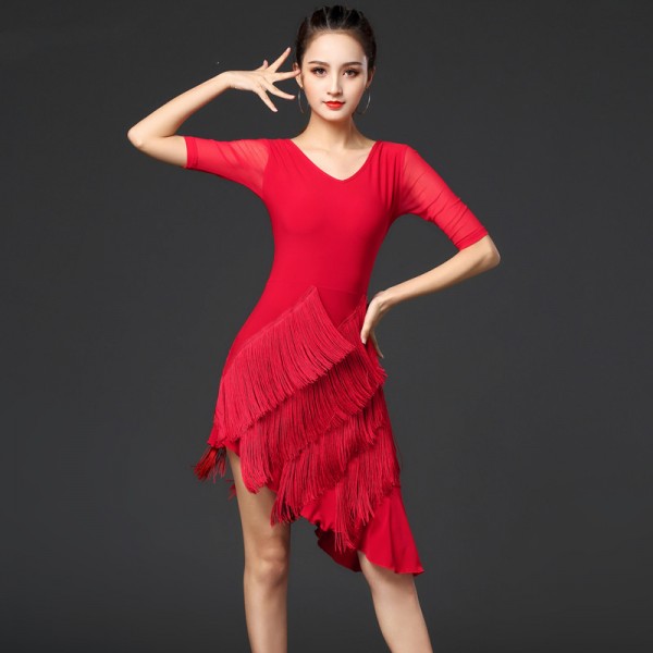 Women girls black red tassels Latin dance performance dresses modern rumba  salsa chacha latin dance costumes for female