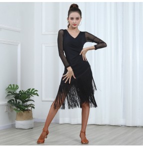 Black red v neck long mesh sleeves tassels latin dance dresses for women girls fashion long fringe salsa rumba cha cha rhythem dancing skirts