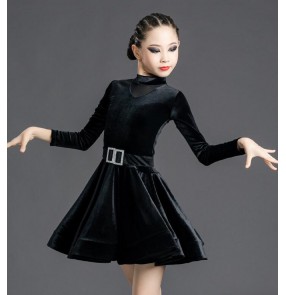 Black red velvet long sleeves latin dance dresses for girls kids stage performance rumba chacha salsa ballroom dance dress for children