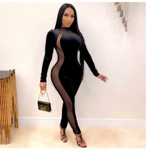 Black red velvet sexy night club jazz dance bodysuits photos shooting rompers mesh side see-through sexy skinny jumpsuit