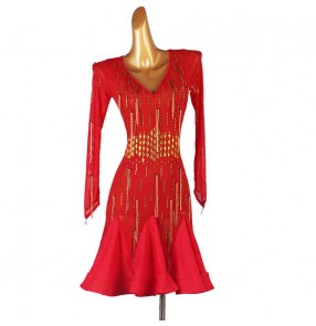 Black red with gold gemstones tassels competition latin dance dress for women girls long sleeves rumba chacha salsa dance dress modern latin dance wear 