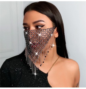 Black rhinestones bling hollow fashion face masks for female belly dance night club stage performance tassels veil mask bling jewelry for women