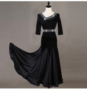 Black rhinestones competition ballroom dancing dress for women female stage performance waltz tango dance dress