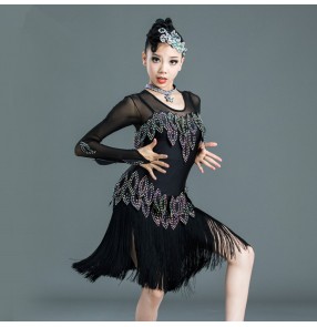 Black rhinestones fringes competition latin dance dress for kids children girls salsa dance dresses