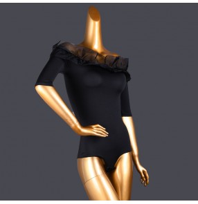 Black ruffles off shoulder boat neck ballroom latin dance bodysuits for women girls adult waltz tango salsa cha cha dance leotard top ballroom dancing catsuits