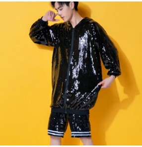Black sequin men's jazz dance costumes hiphop gogo dancers street dance cheer leaders stage perfromance tops and shorts