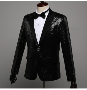 Black sequin singers performance blazers for men male competition party competition dj ds night club jazz dance host groomsman coat jackets