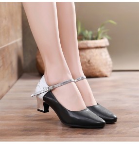 Black silver Leather Latin Dance Shoes for women girls Ladies Modern Dance salsa chacha rumba Outdoor waltz tango foxtrot Square Dance  Heeled  Shoes