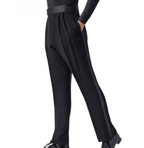 Black straight side ribbon latin dance pants for men boys youth waltz tango flamenco standard dance long trousers for man