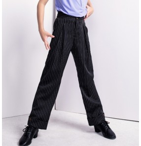 Black striped latin ballroom dance pants for boys kids children ballroom latin dance wide leg long trousers for children