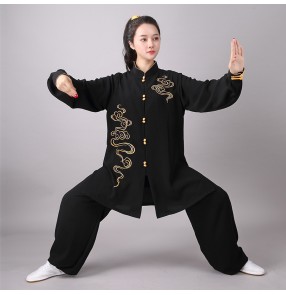 Black Tai Chi clothing chinese kungfu suit Embroidered mid-length moring exercise gyms clothes for men and women wushu martial arts group performance clothes