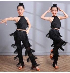 Black tassels competition girls kids latin dance dresses stage performance salsa rumba samba dance tops and pants