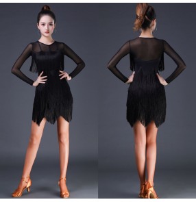 Black tassels fringe latin dance dresses for women girls salsa rumba cha cha dancing outfits for woman 