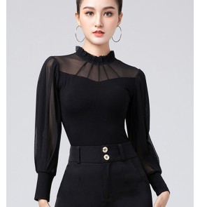 Black turtle neck Ballroom Latin dance top for women girls mesh Lantern sleeves latin waltz tango dance clothes ballroom dance standard Latin dance practice shirts for lady