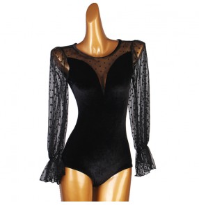 Black velvet lace long sleeves ballroom latin dance bodysuits latin salsa chacha rumba dance jumpsuit leotards tops 