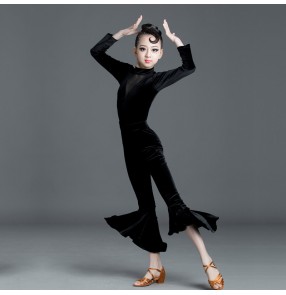 Black velvet Latin dance costumes for girls kids professional standard ballroom latin practice clothes modern dance velvet performance wear