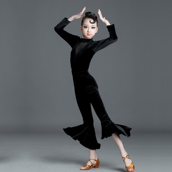 Black velvet Latin dance costumes for girls kids professional standard ...