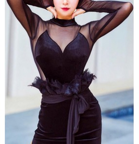 Black velvet Latin dance practice clothes for women Long-sleeved ballroom dance body tops high-neck sexy see trough back standard rumba chacha dance jumpsuits