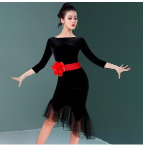 Black velvet latin dress with red rose sashes for women girls salsa rumba chacha ruffles latin dance dress