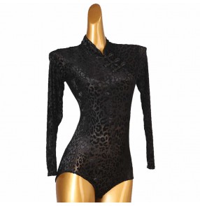 Black Velvet leopard women ballroom dance jumpsuit Cheongsam collar Latin dance jumpsuit Aerial Yoga dance leotards Top stage performance catsuits