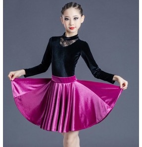 Black velvet silver fuchsia latin dance dresses for kids children salsa latin dance costumes for girls 