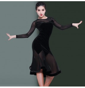 Black velvet with mesh latin dance dance dresses for women girls stage performance salsa rumba chacha dance dresses