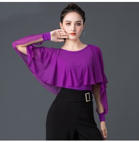 Black violet hollow sleeves latin ballroom dancing tops for women  girls salsa rumba cha cha blouses shirts for female