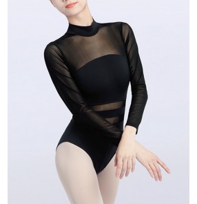 Black white ballroom latin Dance clothesfor adult female see through mesh ballet practice bodysuits long-sleeved gymnastics aerial yoga one-piece suit