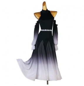 Black white gradient colored ballroom dancing dresses for Women girls halter neck hollow shoulder waltz tango foxtrot smooth dance long skirts with lace sashes