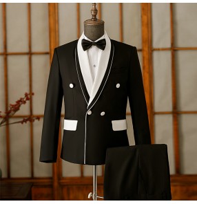 Black white Host singer host dress suit for men male stage party solo performance Blazers groom wedding party coat art test suit 