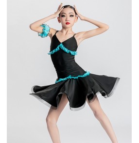 Black white latin dance dress for girls kids children ballroom salsa performance outfits for kids 